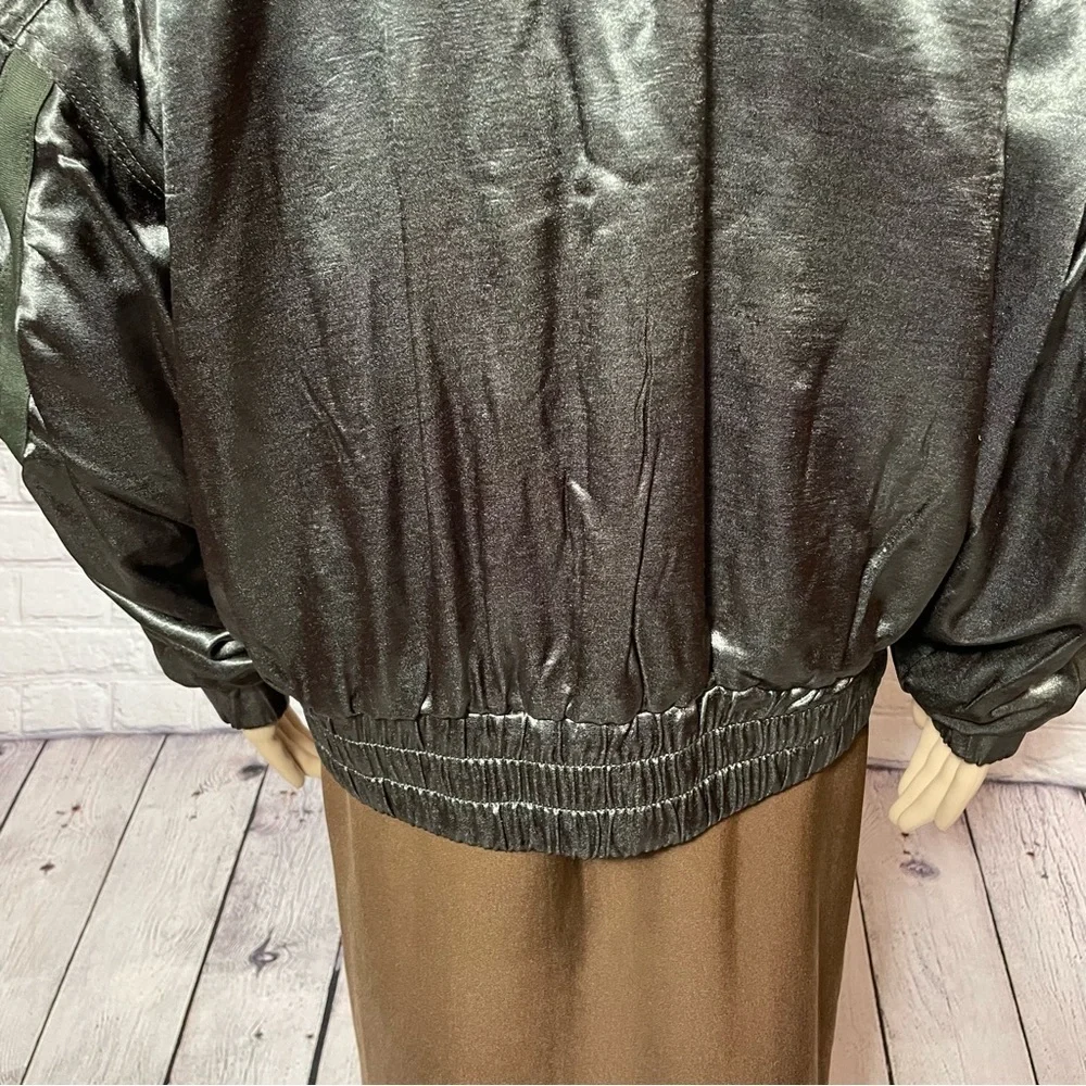 New Free People Movement Relay Zip-Up Olive Satin Bomber Jacket Size M